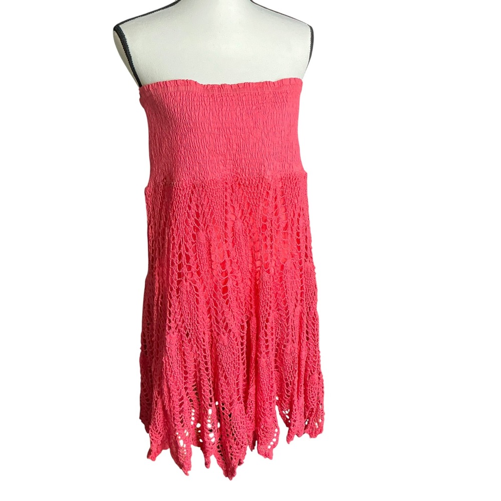 Raviya Pink Strapless Cover Up Dress Women Large Crochet Smocked Boho 5284
